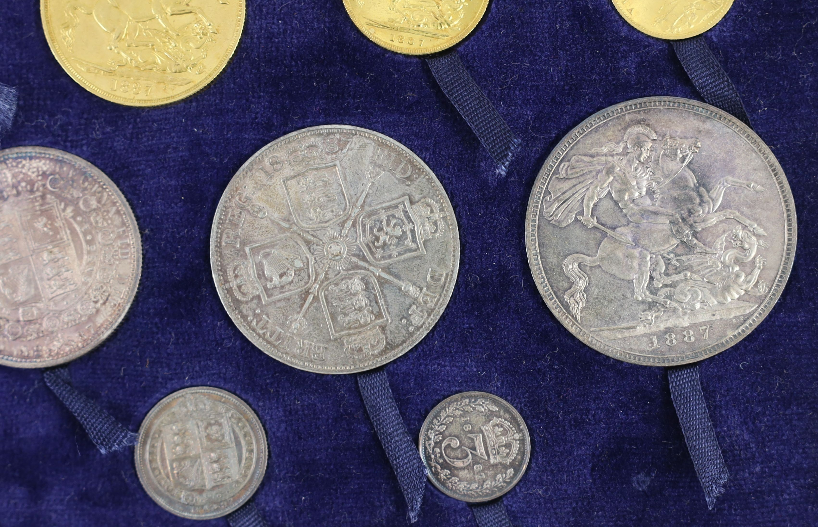 PLEASE NOTE THIS IS A SPECIMEN SET, UK coins, a cased Victoria 1887 Golden Jubilee gold and silver eleven coin set.